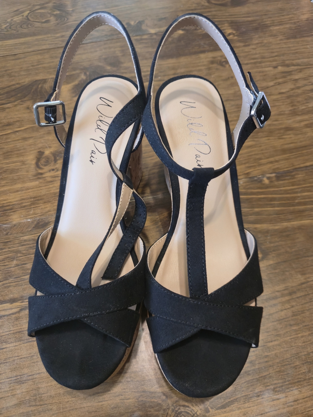 Wild Pair Black T-Strap Crisscross Wedge Sandals